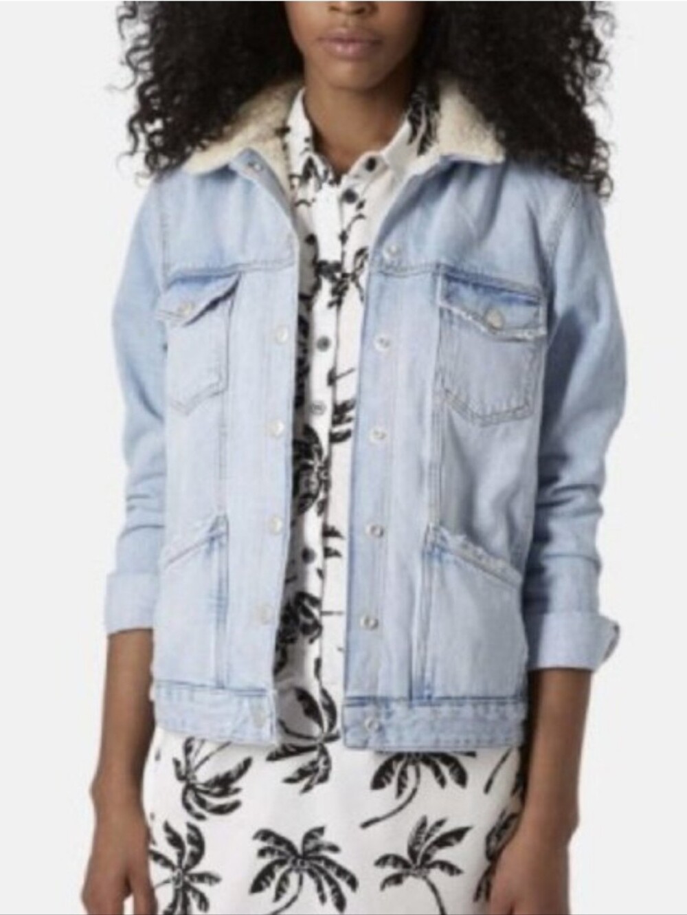 Topshop MOTO Distressed Sherpa Lined Denim Jacket Faded Light Wash Sz 6P